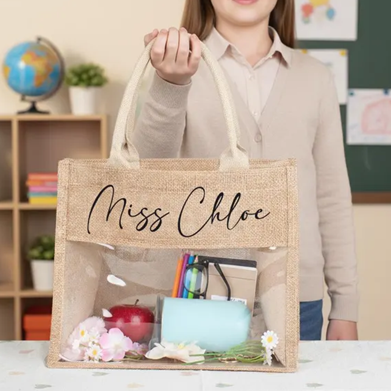 Personalized Teacher Tote Bag, Clear Window Burlap Totes,