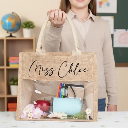 Personalized Teacher Tote Bag, Clear Window Burlap Totes,