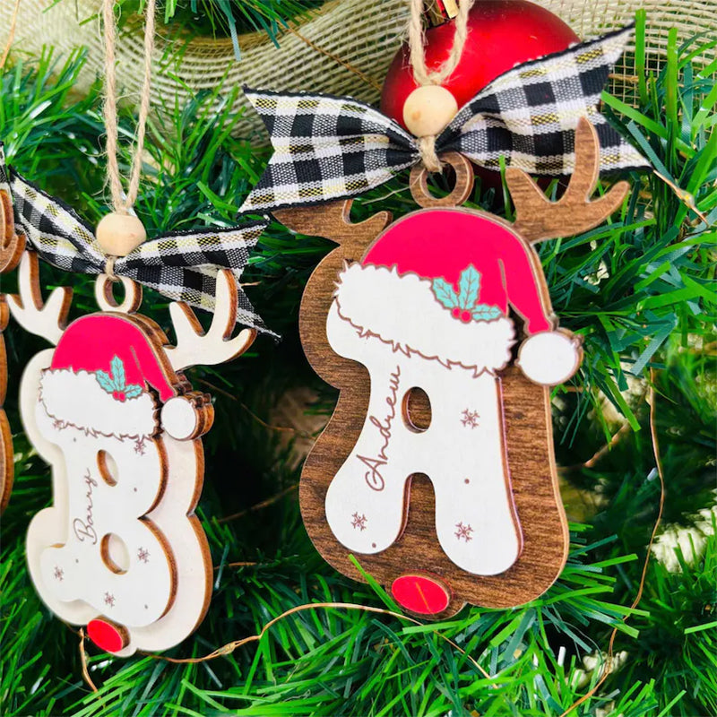 Personalized Reindeer Letter Ornament with Santa Hat