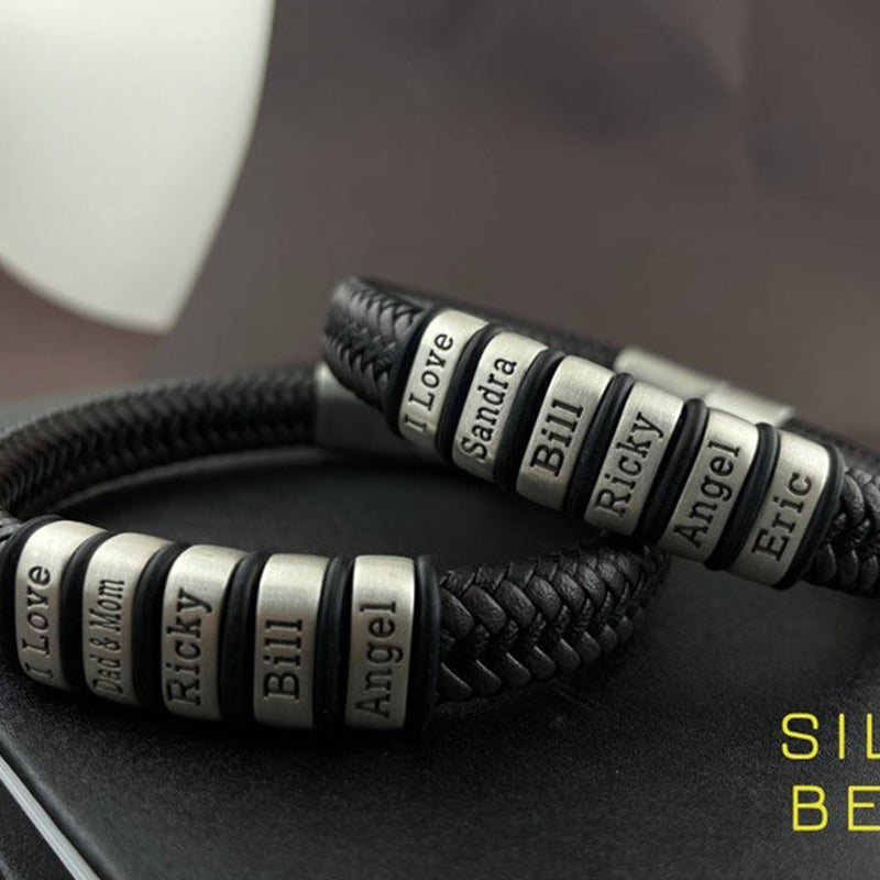Personalized Mens Bracelet, Handmade Leather Beaded Jewelry with Kids Names