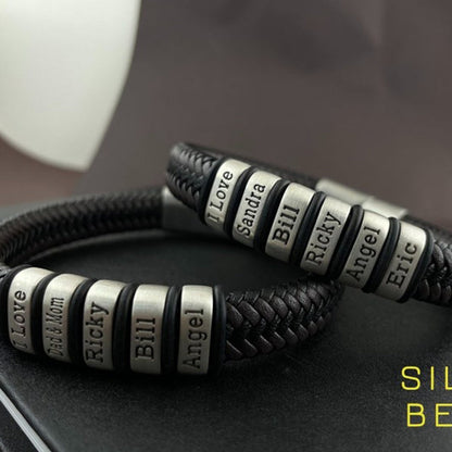Personalized Mens Bracelet, Handmade Leather Beaded Jewelry with Kids Names