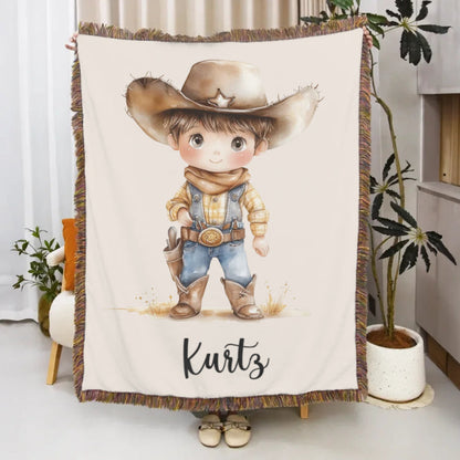 Personalized Cartoon Cowboy Tassel Blanket with Name