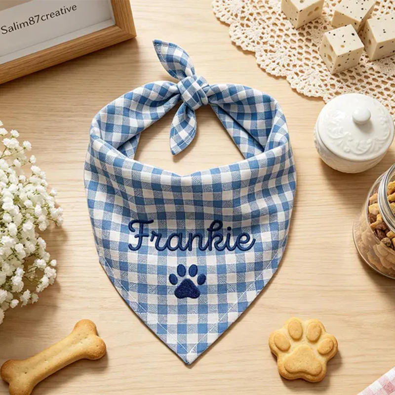 Custom Embroidered Gingham Dog Bandana