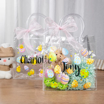 Personalized Pink Bow Ribbon Colorful Easter Eggs Chicks Clear Gift Bag