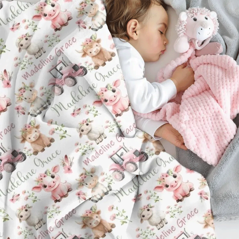 Farm Animals Blanket Baby Girl, Custom Name Blanket Girl, Pink Tractor Minky