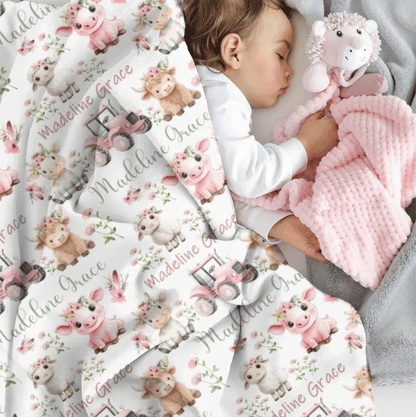 Farm Animals Blanket Baby Girl, Custom Name Blanket Girl, Pink Tractor Minky