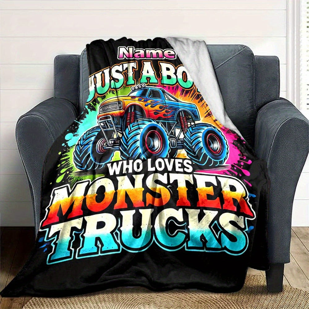 Personalized Monster Truck Throw Blanket - Custom Name