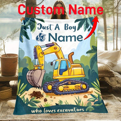 Personalized Cartoon Excavator Flannel Throw Blanket