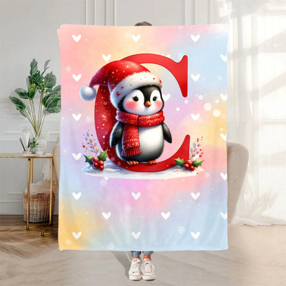 Personalized Santa Hat Snowman Penguin Initial Word Cloud Blanket