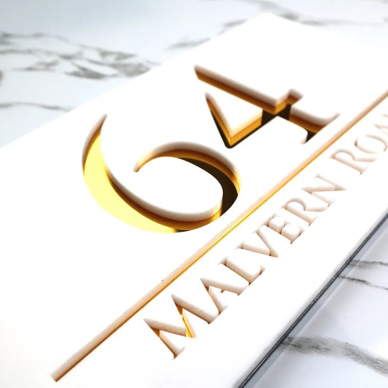 Laser Cut Matt Black & Gold Mirror Floating House Sign Door Address Laser Number Plaques