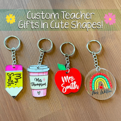 Custom Teacher Keychain, Pencil, Apple, Rainbow, Coffee Shapes, Cute Teacher Appreciation Gift