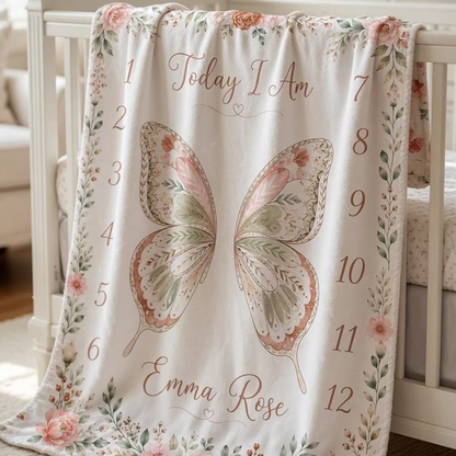Personalized Butterfly Baby Milestone Blanket, Floral Baby Shower Gift