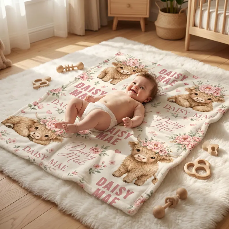 Personalized Baby Highland Cow Blanket, Custom Name Baby Blanket
