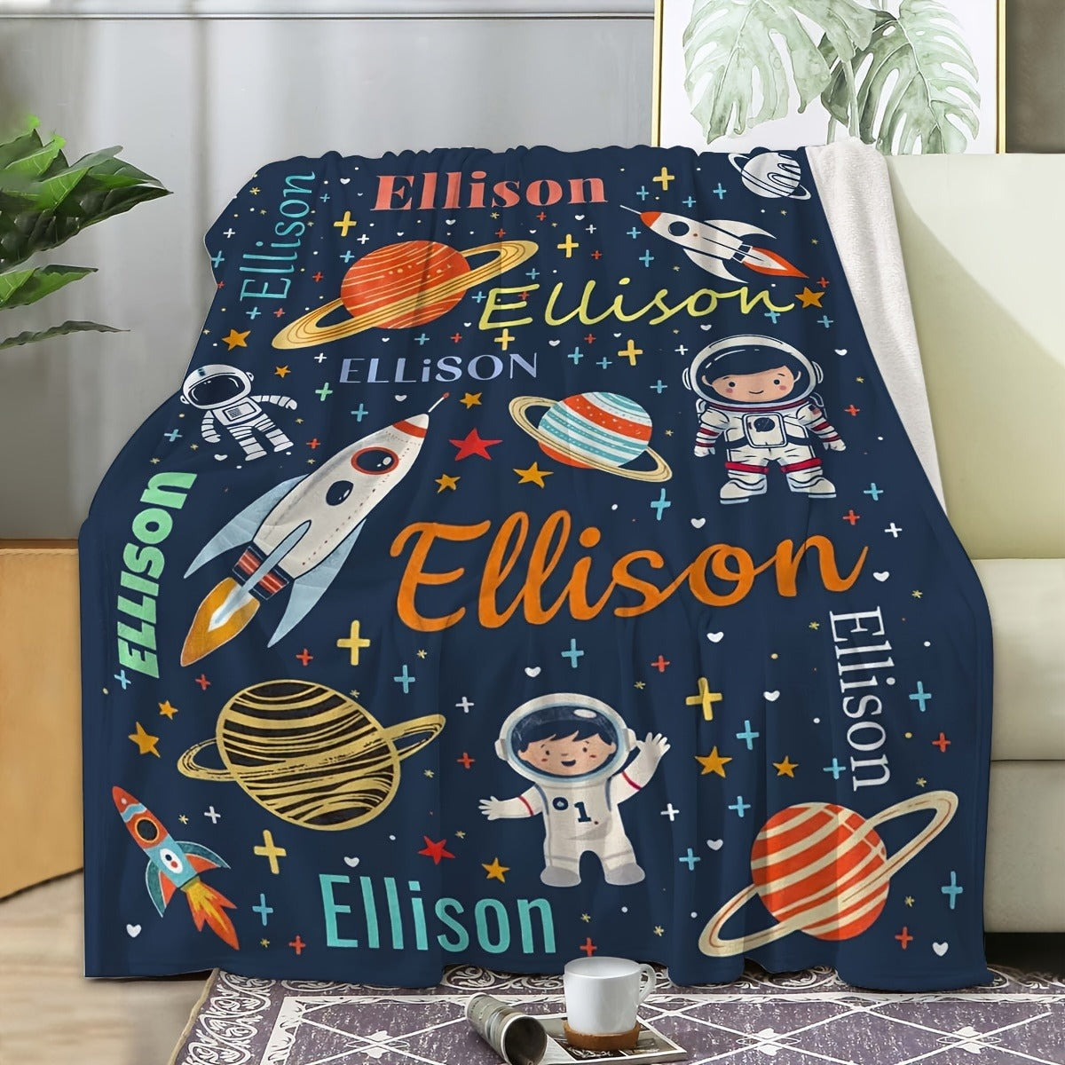 Custom 1pc Creative Astronaut Name Blanket, Suitable for Sofa