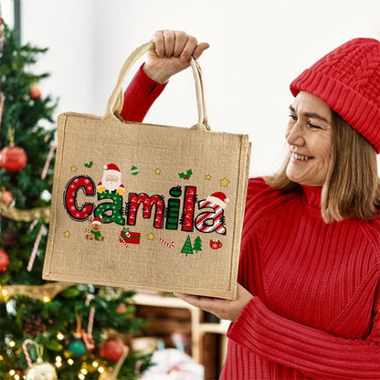 Personalized Santa Jute Tote Bag - Custom Name