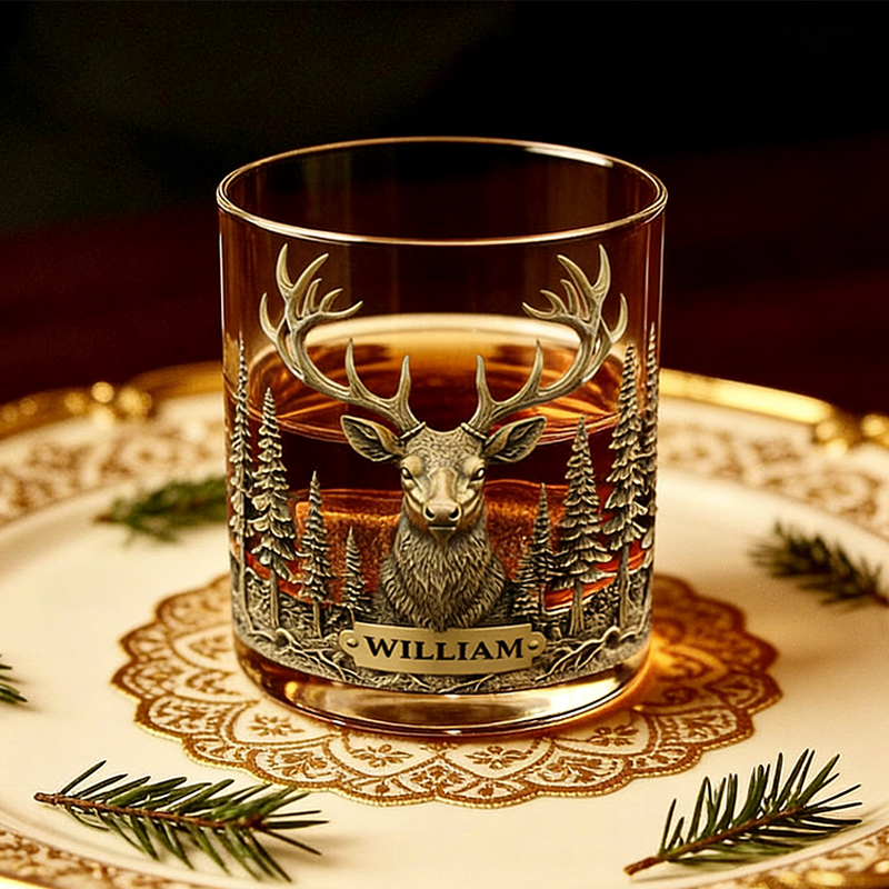 Deer Hunter Whiskey Glass Golden, Personalized Whiskey Glass