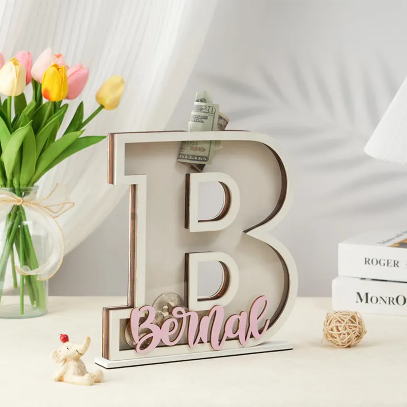 Personalized Letter Piggy Bank: Wooden Initial Coin Bank