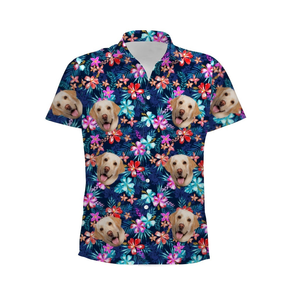 Personalized Photo Hawaiian Shirt Custom Dog Cat Face Holiday Tropical Pattern Shir