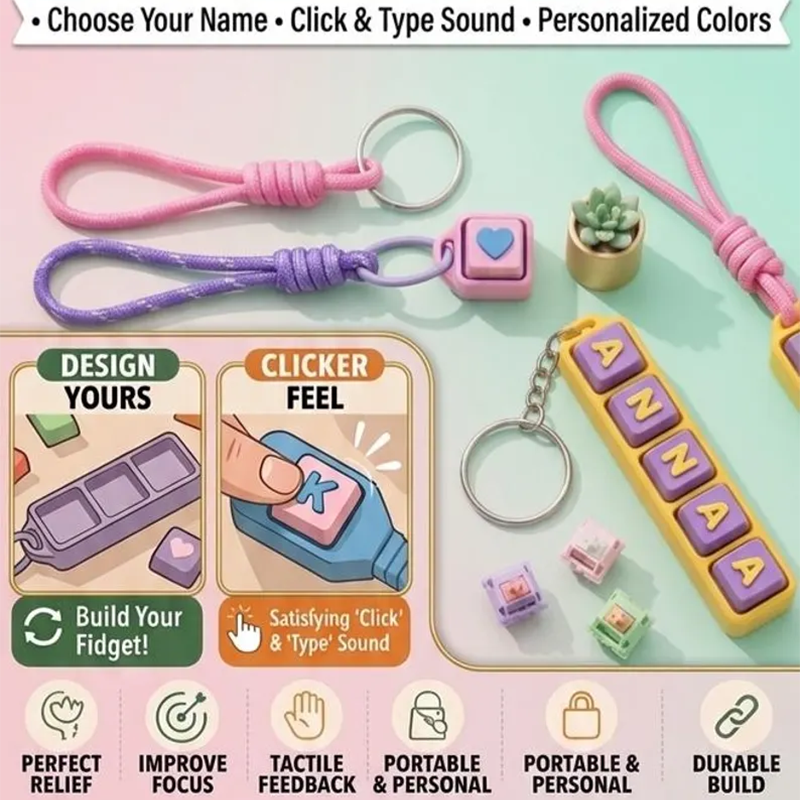Name Clicker Fidget Keychain- Clicky or Silent!| Personalized keyboard Clicker FidgetToy