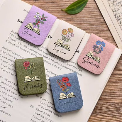 Leather Bookmark with Birth Flower,Personalized Leather Magnetic Bookmark