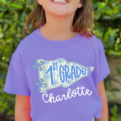 Personalized 1st Grade Shirt for Girls, Floral Pennant Back to School Shirt