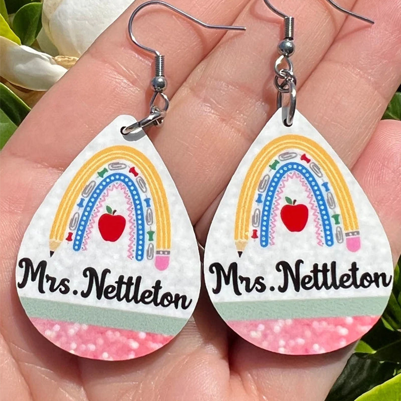 Personalized Teacher Earrings. Rainbow Pencil. Back to school