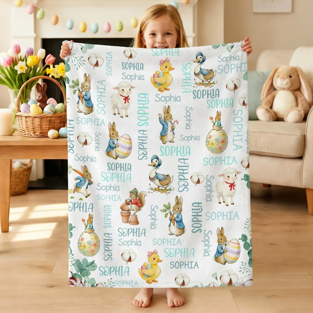 Personalized Cute Easter Bunny Duck Sheep Word Cloud Soft Throw Blanket