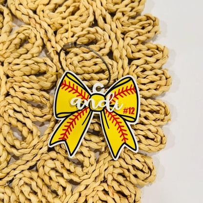 Softball Bow Bag Tag with Ribbon Tassel | Gym Bag Accessory | Personalized Acrylic Tag