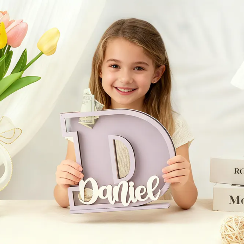 Personalized Letter Piggy Bank: Wooden Initial Coin Bank