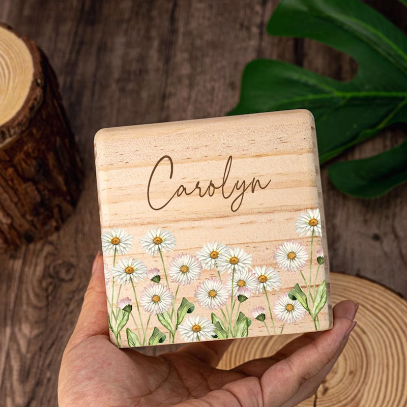 Personalized Birth Flower Piggy Bank Birthday Gift Wooden Money Box with Name