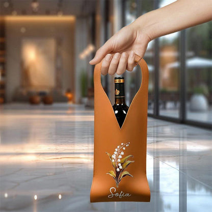 Personalized Birth Flower Leather Wine Bag with Name and Handle Protective Wine Accessories