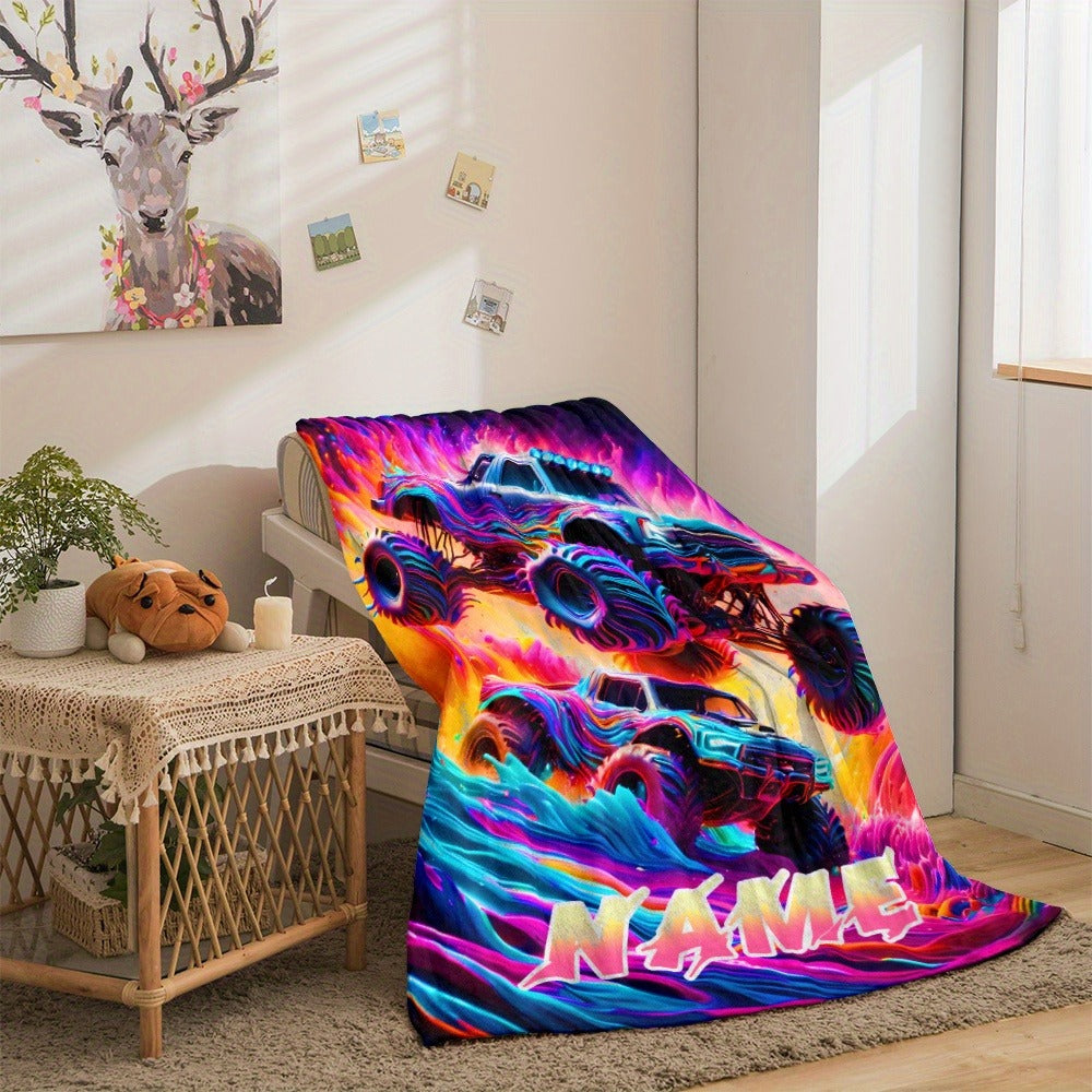 Custom Name Monster Truck Flannel Blanket - Vibrant Oil Painting Design