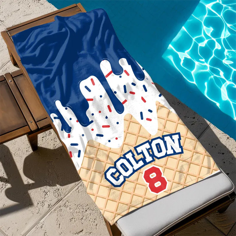Ice Cream Drip Beach Towel Baseball Player Gift Cotton Candy Personalized Name Team