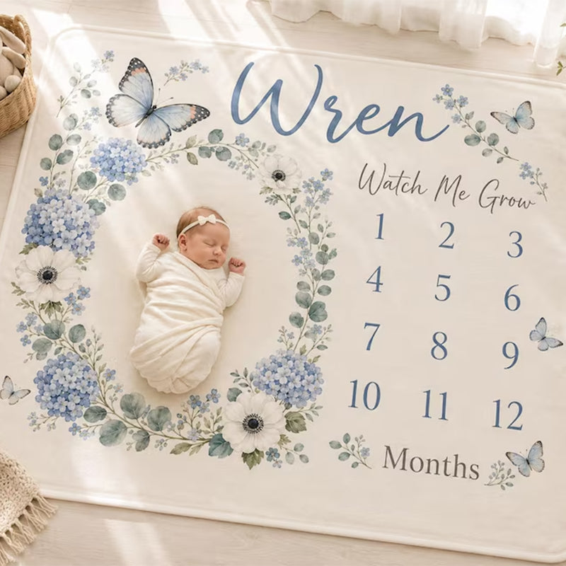 Personalized Blue Floral Milestone Blanket, Custom Baby Girl Milestone Blanket
