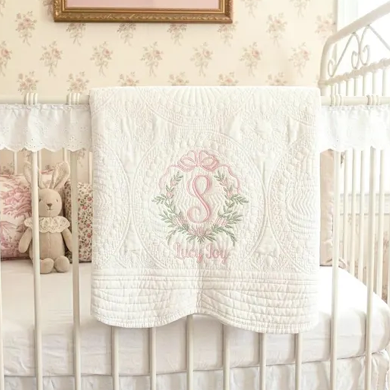 Baby Girl Heirloom Quilt, Personalized Floral Crest Embroidered Blanket