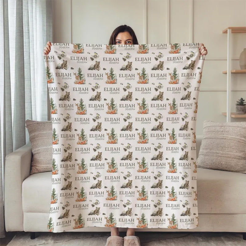 Personalized Forest Animal Baby Blanket, Custom Baby Name Blanket