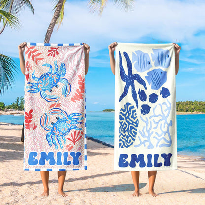 Personalized Retro Beach Towel, Marine Animal Beach Towel, Custom Name Towel