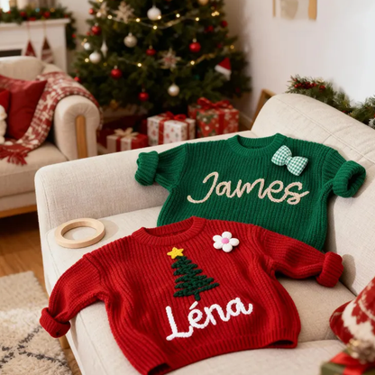 Hand-Embroidered Baby Christmas Sweater, Toddler Holiday Sweater