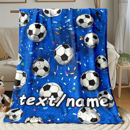 Custom Name Football Blanket - Lightweight Flannel Throw with Soccer Ball & Confetti Print