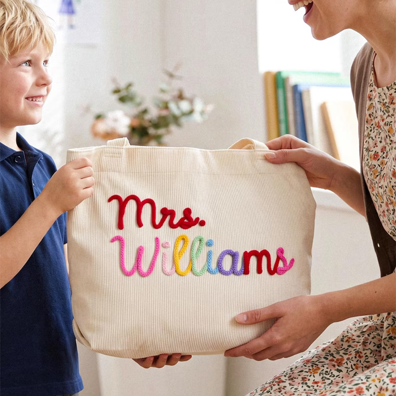 Personalized Corduroy Teacher Tote Bag,Hand Crochet Name Zipper bag