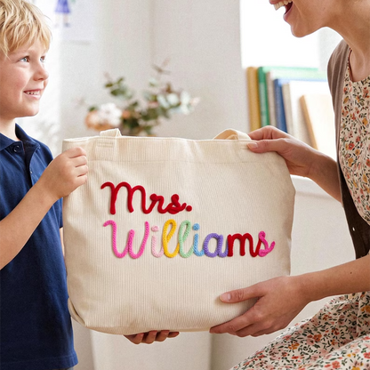 Personalized Corduroy Teacher Tote Bag,Hand Crochet Name Zipper bag