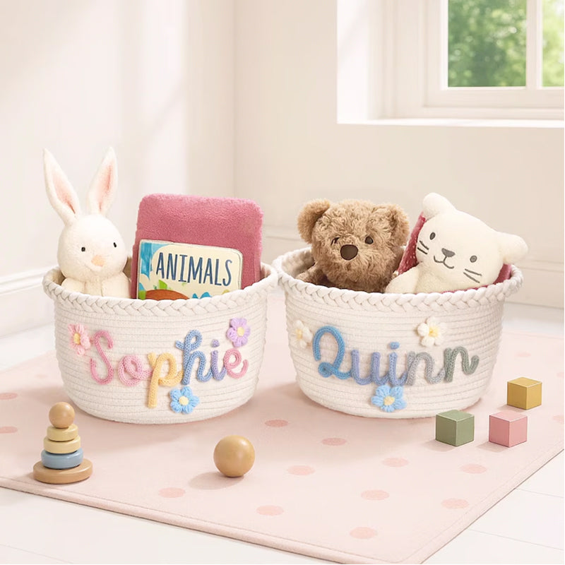 Personalized Knit Baby Basket · Monogrammed Newborn Girl Gift Basket
