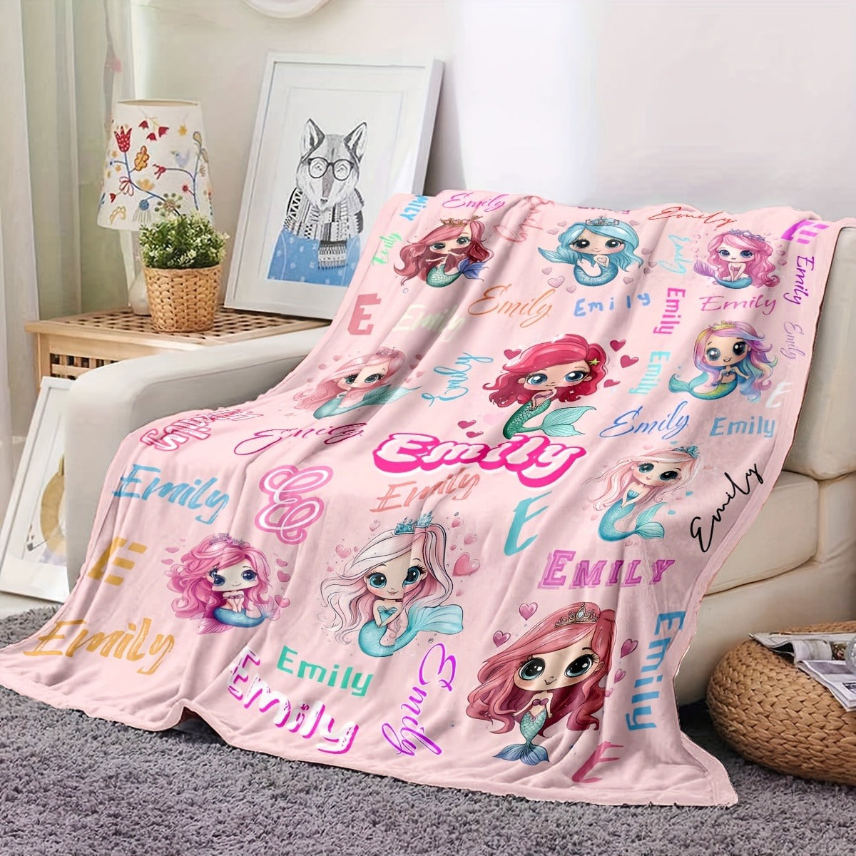 Custom Name Personalized Blanket, Cute Little Mermaid Cartoon