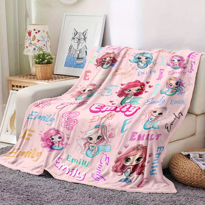 Custom Name Personalized Blanket, Cute Little Mermaid Cartoon