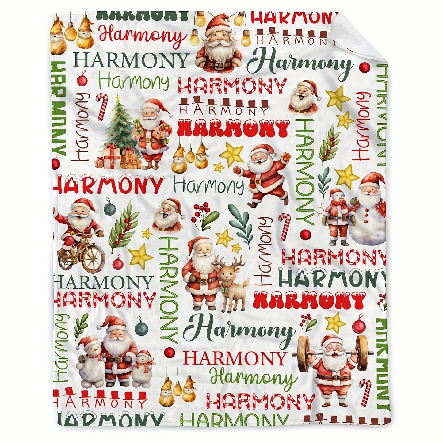 Christmas Santa and Reindeer Personalized Name Lightweight Flannel Throw Blanket