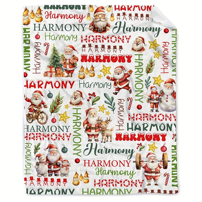 Christmas Santa and Reindeer Personalized Name Lightweight Flannel Throw Blanket