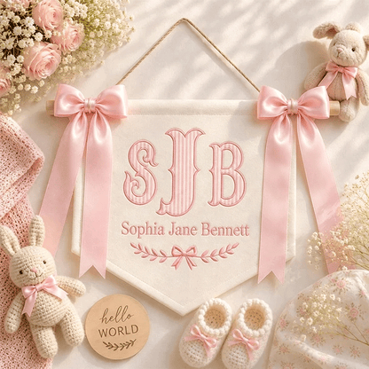 Embroidered Baby Banner, Monogram Hospital Sign, Birth Stats Tag