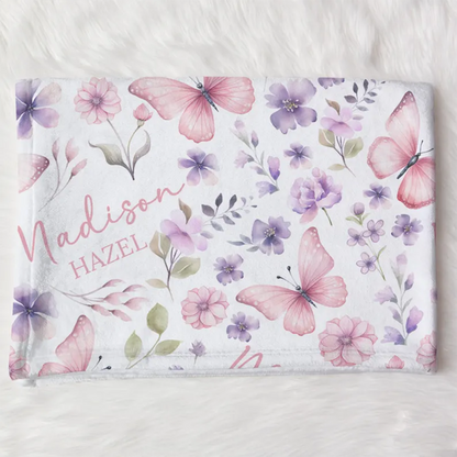 Custom Pink Butterfly Baby Name Blanket