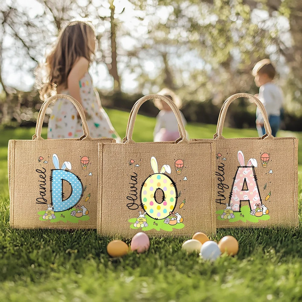 Personalized Cute Polka Dot Easter Egg Bunny Ear Initial Jute Tote Bag
