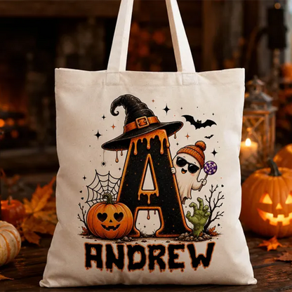 Cute Halloween Ghost bag, Spooky Goodie Bag, Custom Name Halloween Tote Bag